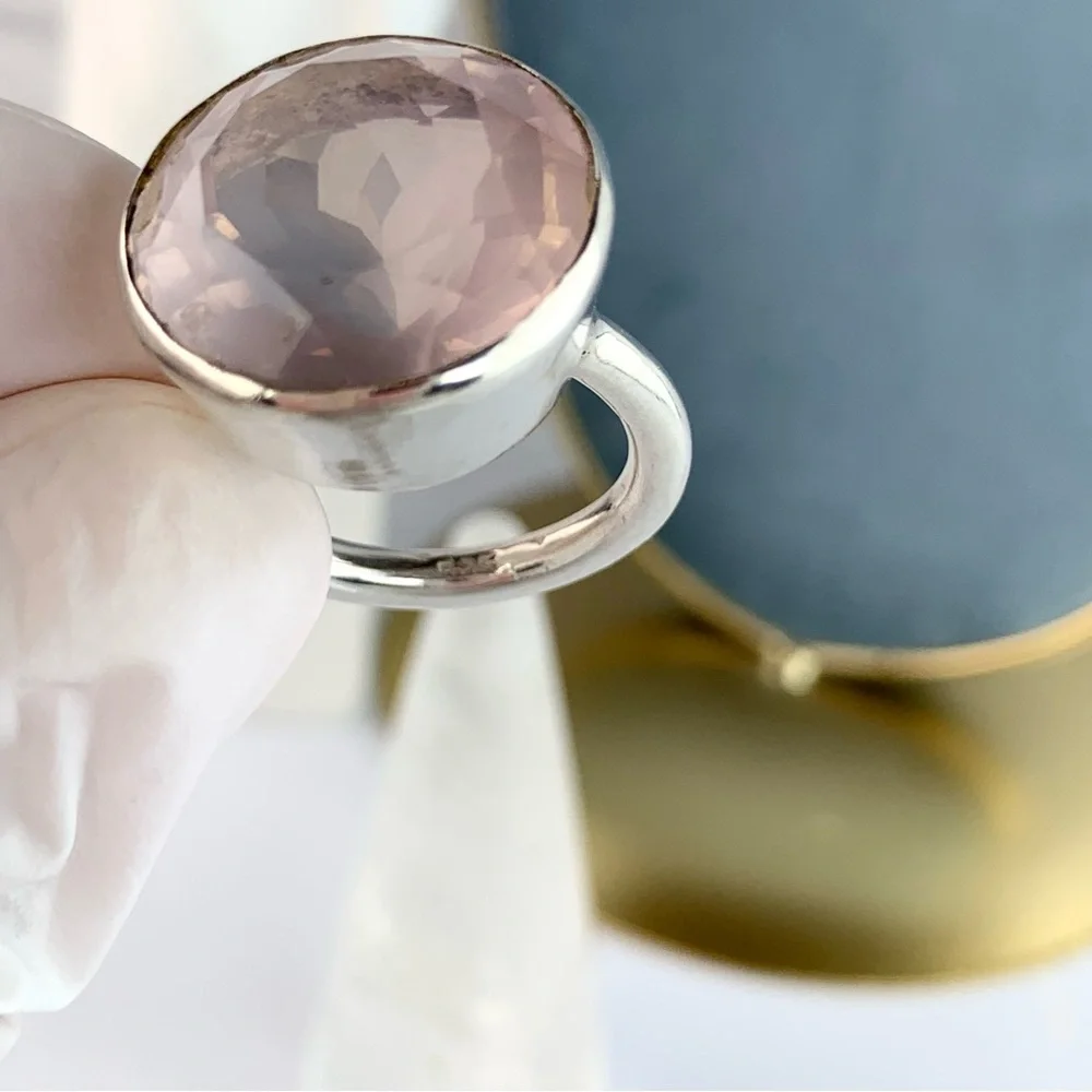 Sterling Silver Rose Quartz Large Round Statement Ring